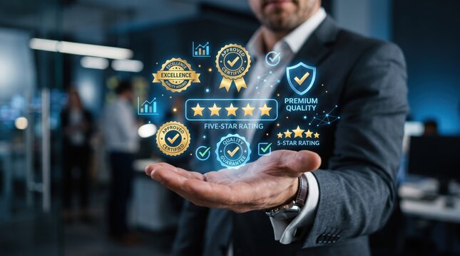 Businessman hand holding holographic five star rating icons, quality badges, excellence awards, certified guarantees, and approval seals representing top tier service and trusted