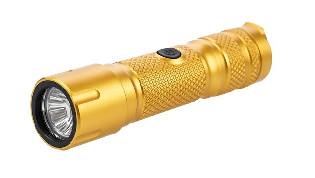 Gold tactical LED flashlight isolated on white background, studio product shot of portable pocket torch