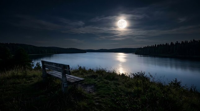 A serene wooden bench overlooking a tranquil lake under the bright full moon at night.