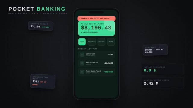 Motion of digital banking app showing real-time account balance updates on smartphone screen.
