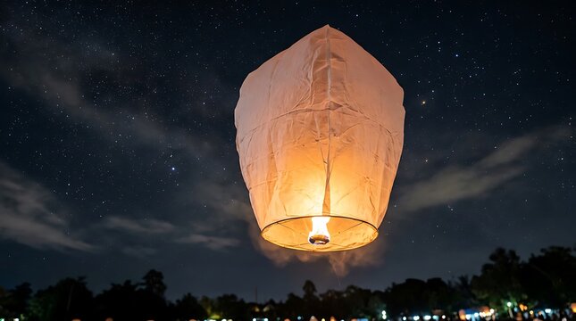 A single glowing sky lantern floating in the night sky during a festival.