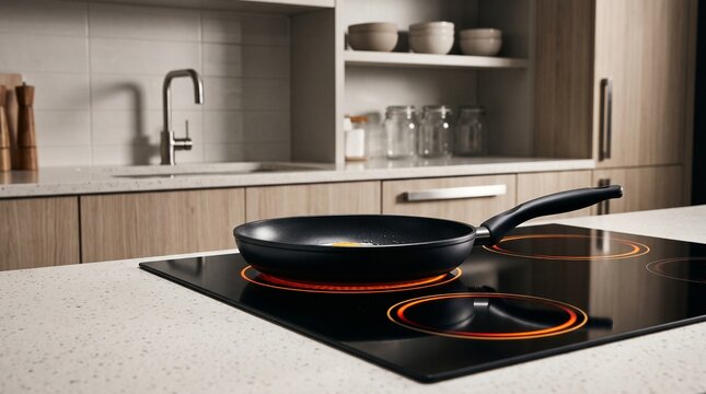 Contemporary kitchen featuring a sleek black frying pan on cooktop