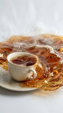Steaming tea overflowing from a decorative porcelain cup