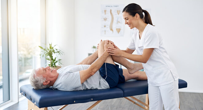 Female physical therapist bending the knee and examining leg mobility of an elderly senior man on an examination table