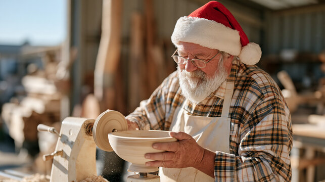 A woodturner in a sunlit workshop at harsh midday, shaping a lathe-spun bowl while dressed in a Santa hat for a team holiday photo, sawdust catching the bright light, the single