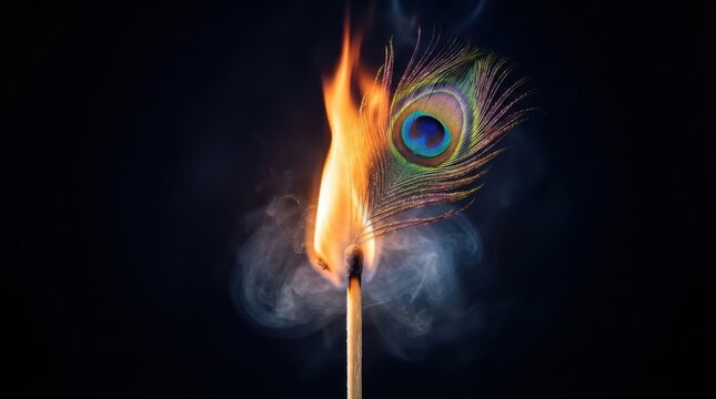 Burning peacock feather attached to a wooden matchstick