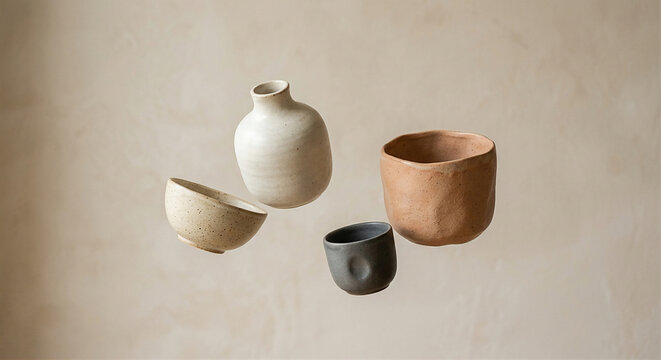 Elegant handmade ceramic vessels floating weightlessly against a warm neutral background, subtle shadows, imperfect organic shapes, Japanese-inspired minimalism, contemporary product advertising style