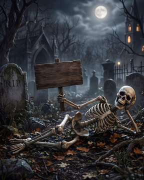 A smiling and relaxed skull holding a wooden sign with space for text, and a cemetery with Halloween pumpkins.