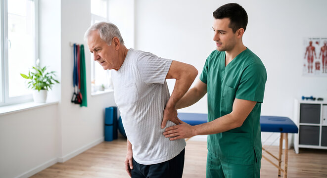 Male physical therapist supporting lower back and posture of an elderly senior man experiencing lumbar pain during therapy