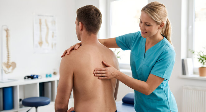 Smiling female physical therapist examining shoulder blade and upper back muscles of a male patient in a clinic