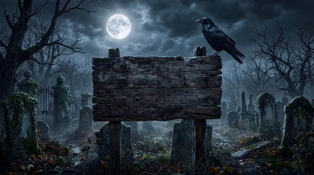 A raven perched on a wooden sign with space for text, in a haunted cemetery.