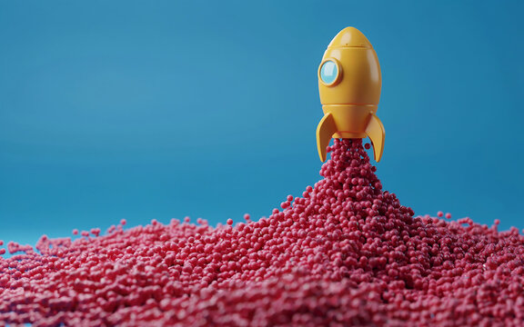 Toy rocket launching from pile of red plastic pellets against blue background with innovation business abstract exploration colorful creative motivation progress strategy