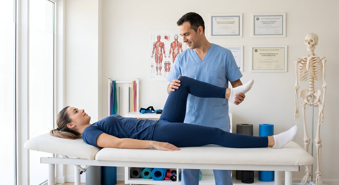Male physical therapist stretching leg and testing knee mobility of a relaxed female patient on an examination table