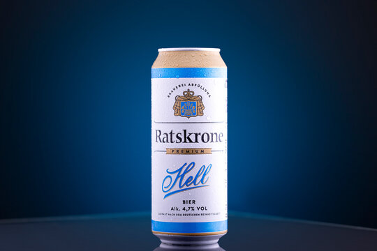 Ratskrone Premium Hell German Beer Can with Condensation on Blue Background