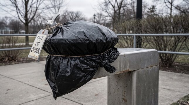 Broken dry public water fountain with black trash bag and out of order tag