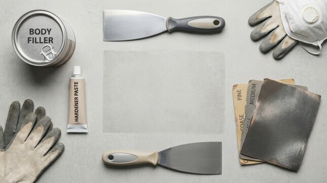 A can of body filler hardener paste tube two spatulas gloves and sandpaper arranged on a surface