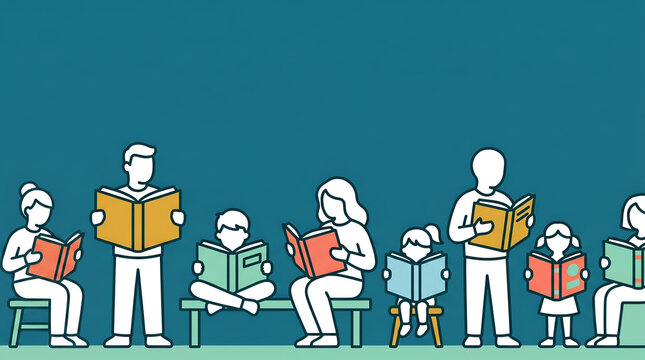 Diverse people of different ages reading colorful books together in a simple educational illustration, representing community learning, literacy, and lifelong education.