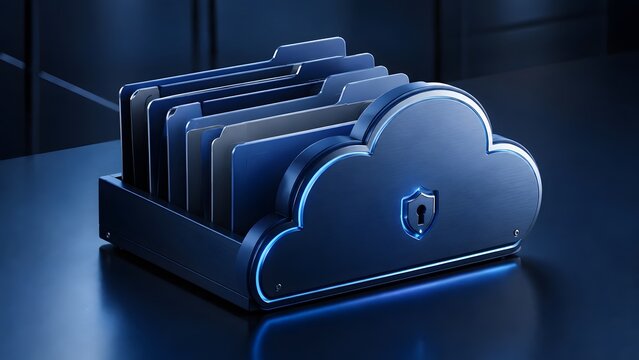 3D metallic cloud computing storage concept with file folders and a security shield lock for data protection.