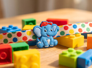 Fototapeta premium Playful kids rakhi featuring a blue cartoon elephant and toy building blocks