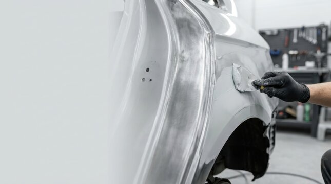 Auto body technician applying filler to car fender with a putty knife auto repair