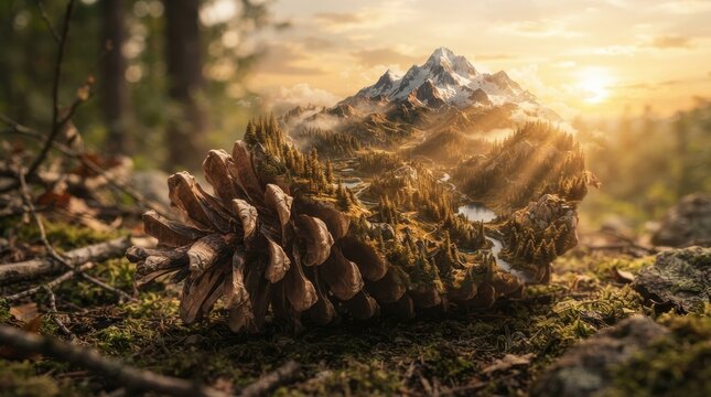 Surreal pine cone containing a miniature mountain landscape at sunset