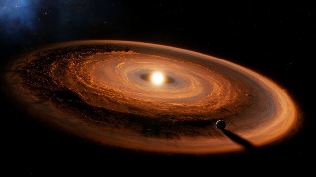 Warped protoplanetary disk around star with glowing rings, dark space background, planet formation concept
