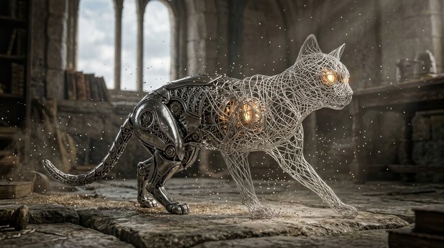 Mechanical wireframe cat robot standing in an ancient stone library
