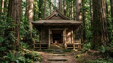 Fototapeta premium Ancient wooden Shinto shrine nestled in a serene redwood forest.