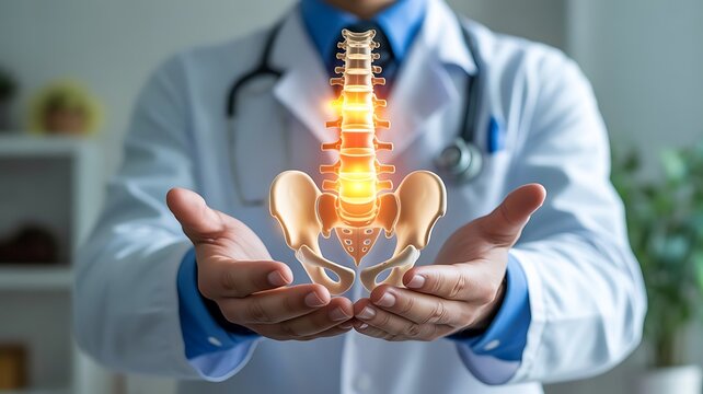Doctor holding a glowing human spine and pelvis model for medical diagnosis and orthopedic treatment planning in a clinical setting