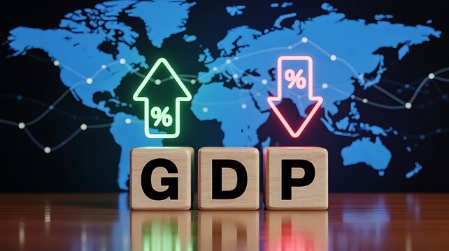 Economic growth and decline concept with wooden blocks labeled gdp and glowing neon arrows showing percentage trends against a map background