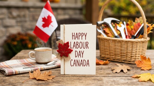 Celebratory Canadian Labour Day greeting card with tools and leaves