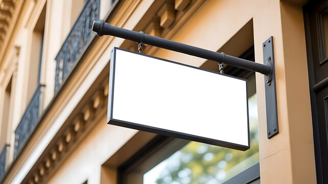 Empty rectangular signboard hanging on a classic building wall with beige stone texture and architectural in a city street setting