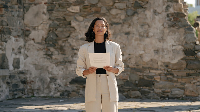 Museum docent stands as a single professional in an empty desolate heritage site courtyard holding a community land trust housing model that was donated to the collection her