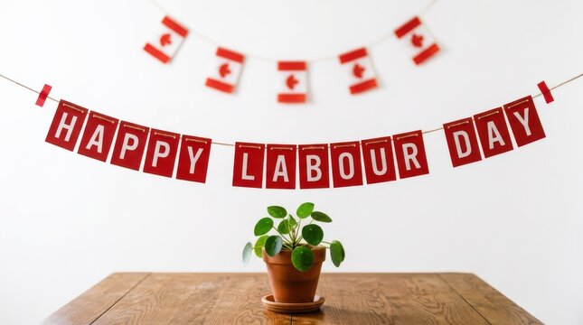 Happy Labour Day red paper banner hanging over wooden table