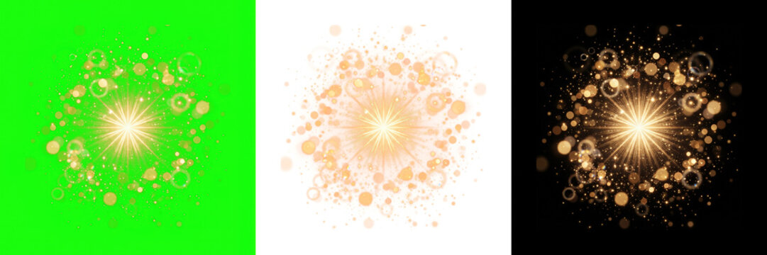 Vibrant abstract designs featuring glowing particles, bursts, and concentric circles on green, orange, and black gradient backdrops for creative projects