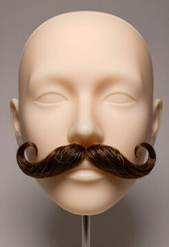 Brown handlebar mustache on a bald mannequin head, grooming and mens fashion, isolated on a light gray background