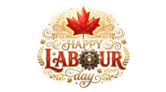Happy Labour Day gold ornate typography with industrial gear elements