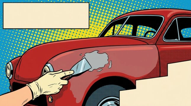 Hand in glove scraping paint from the fender of a vintage red car auto repair car maintenance