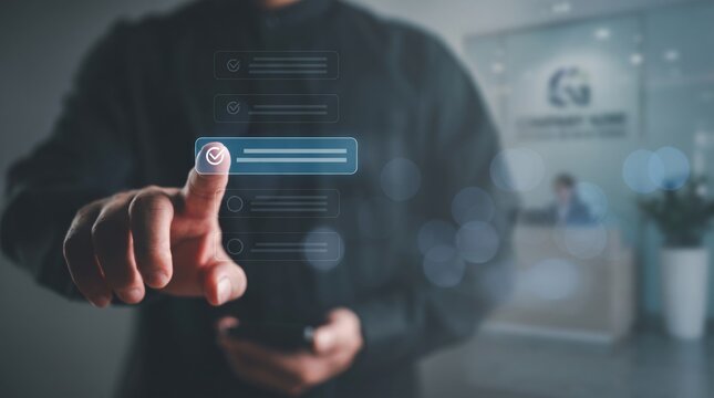 Person selecting checkbox option on transparent digital interface form with checkmarks and empty circles, user interaction with online survey, registration, questionnaire