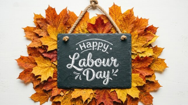 Black slate sign with Happy Labour Day text on maple leaves background