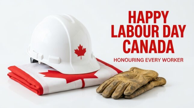 White hard hat and leather work gloves with Canadian flag