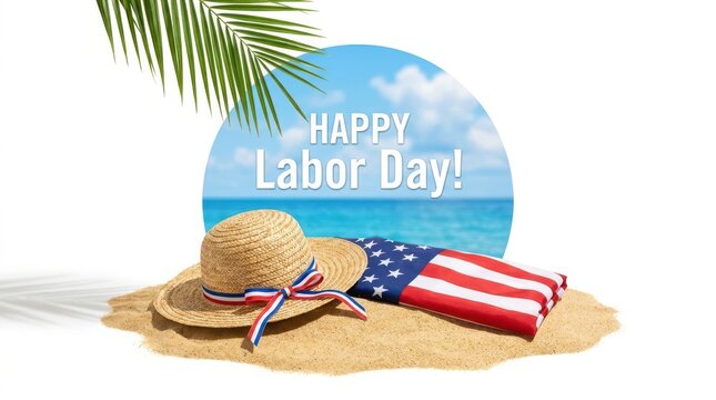 Summer vacation beach scene with straw hat and American flag on sand