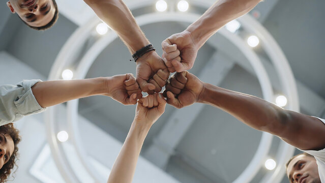 Diverse business team joining fists in unity and collaboration with collaboration business cooperation together partnership diversity motivation corporate achievement agreement connection