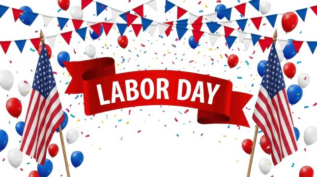 Red banner with Labor Day text and American flags with confetti