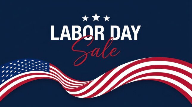 Labor Day sale text with American flag wave on dark blue background