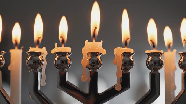 Lit silver Hanukkah menorah with nine burning candles