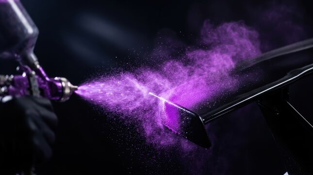 Professional spray gun applying vibrant purple powder coating to a carbon fiber car spoiler