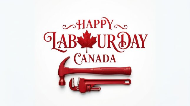 Happy Labour Day Canada text design with red hammer and pipe wrench