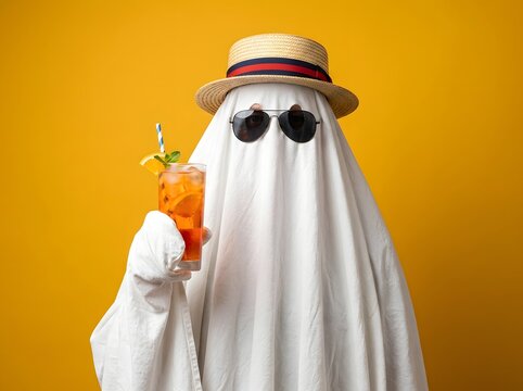 Playful ghost wearing a hat and sunglasses holding a pumpkin on yellow background