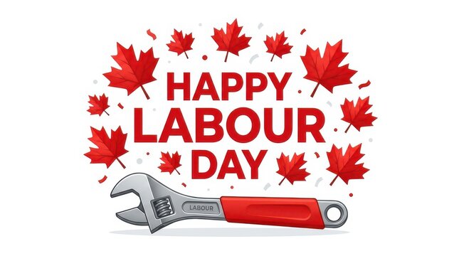 Labour Day illustration with wrench and Canadian maple leaves
